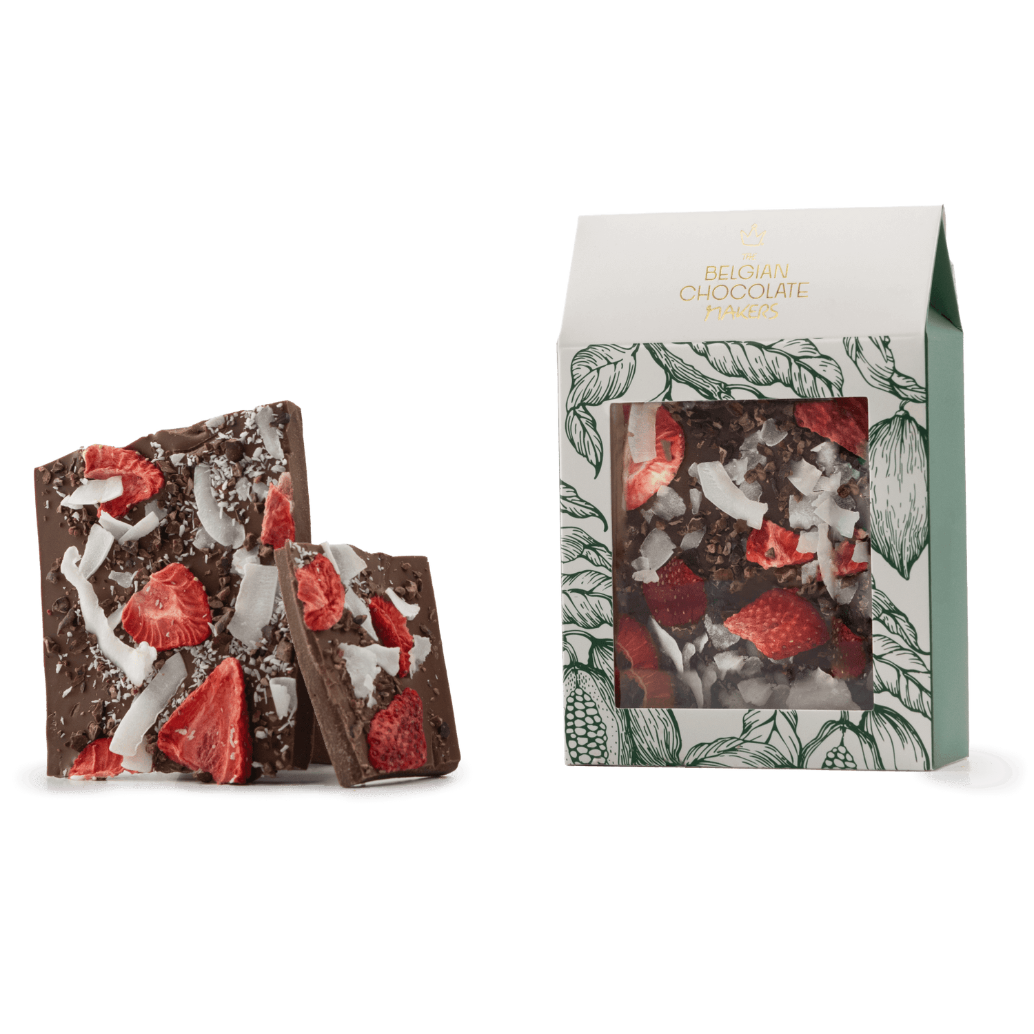 Gebroken melkchocoladerepen met kokos, aardbei, cacaonibs