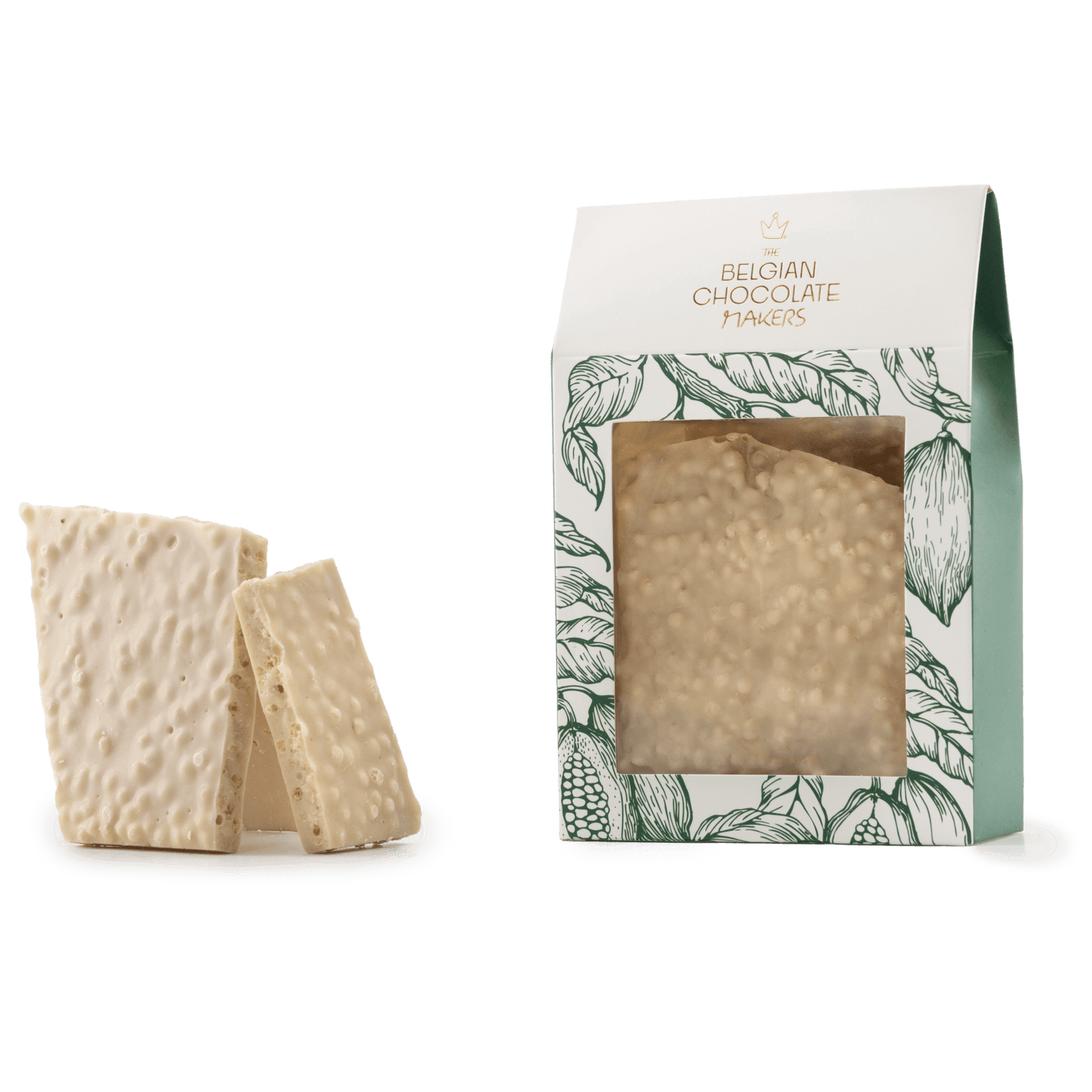 Gebroken witte chocoladerepen met gepofte rijst