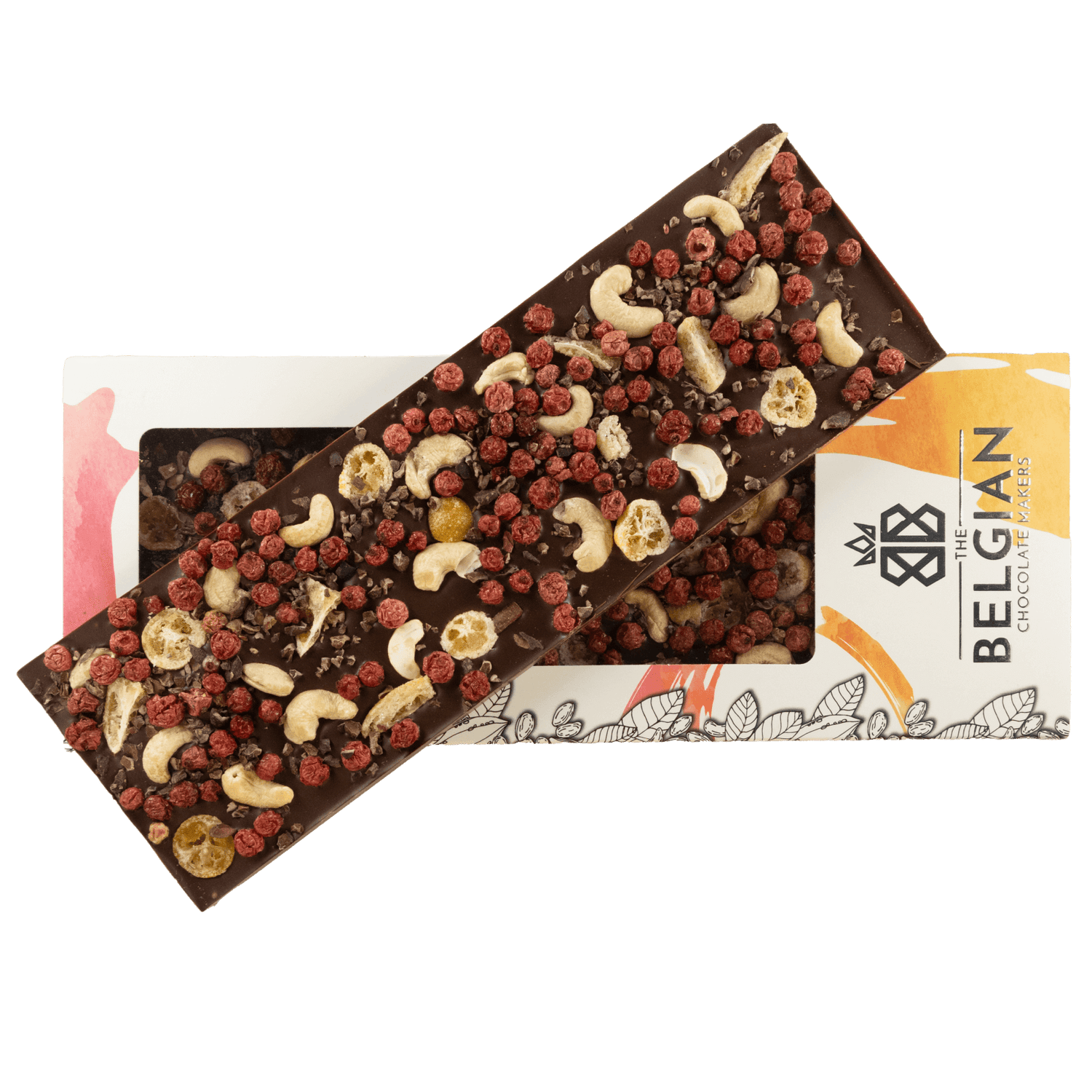 Fantasie pure chocoladereep 550 grs met cacaonibs, cashewnoten, kumquat en stukjes rode bes