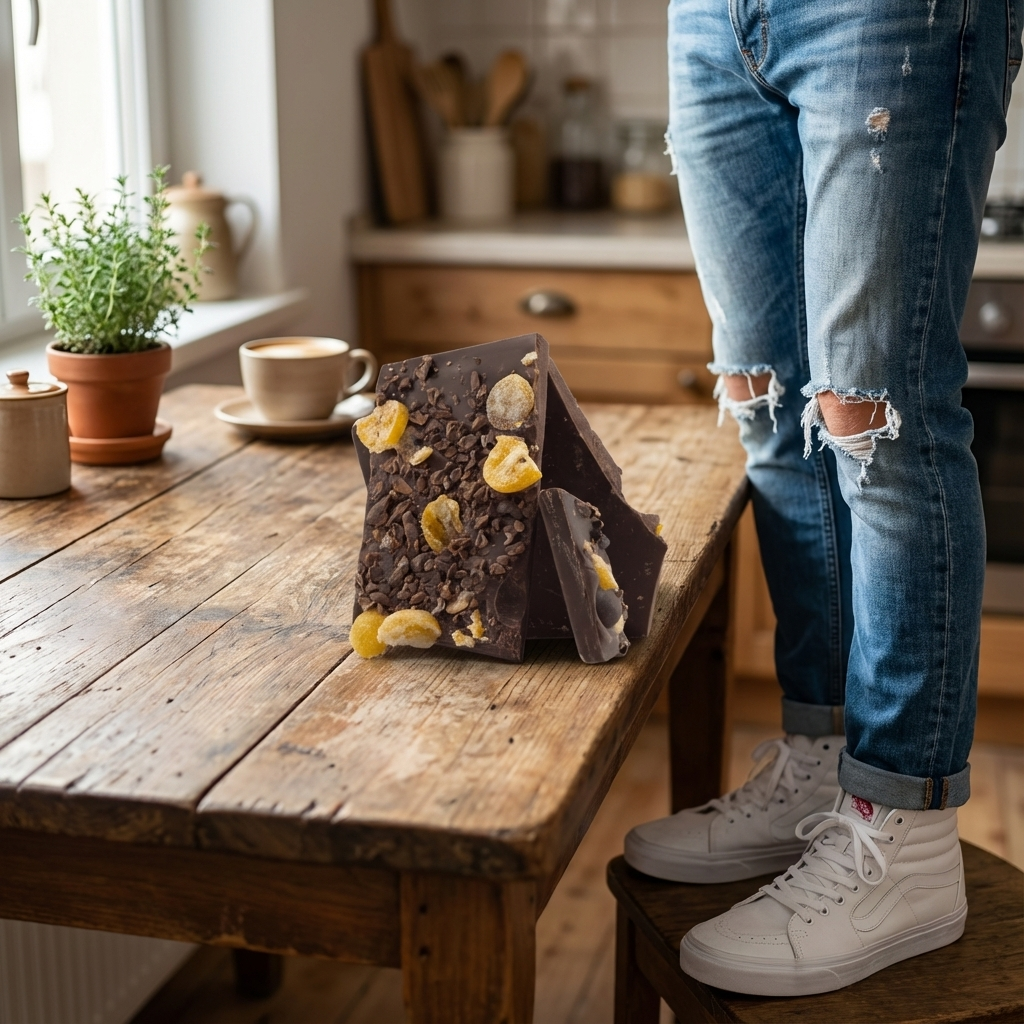 Dark chocolate broken bars with kumquat and cacao nibs