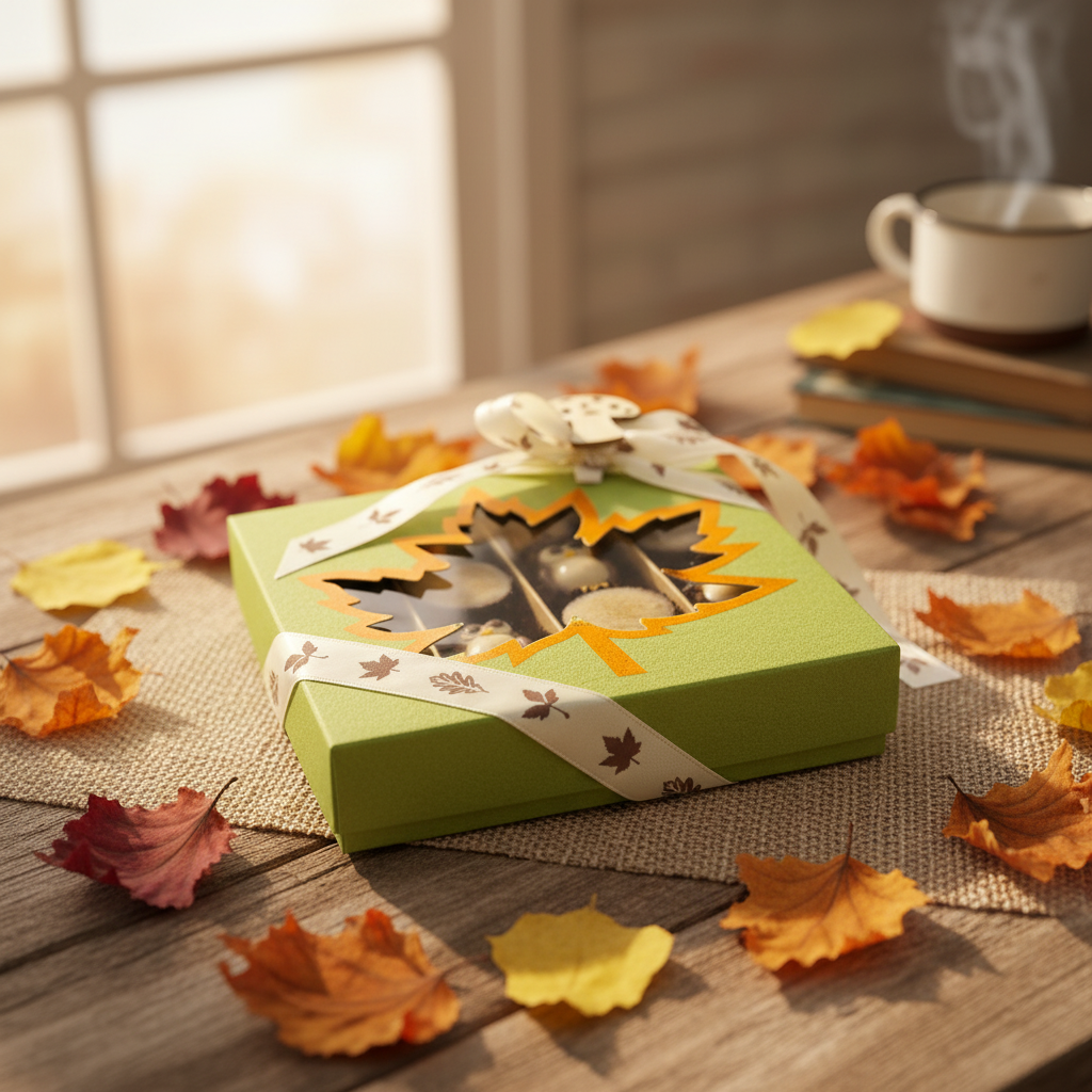 Mix of autumn pralines in a green gift box