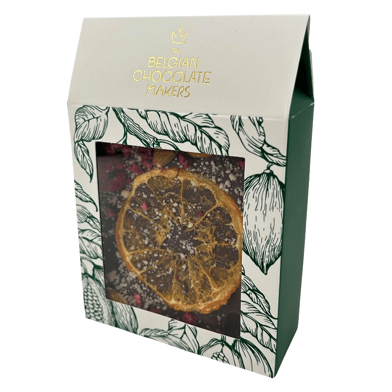 Riegel aus Zartbitterschokolade mit Himbeere, Mandel und Orange