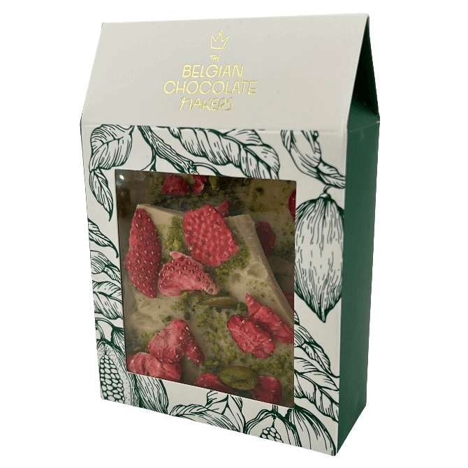 White chocolate broken bars with strawberries and pistachios