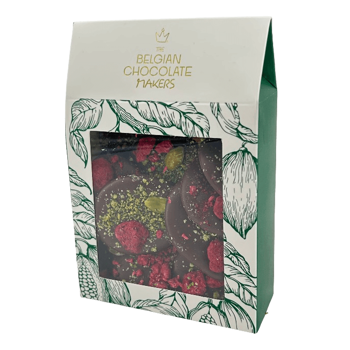 Mendiants aus Zartbitterschokolade mit Himbeer- und Pistazienstückchen