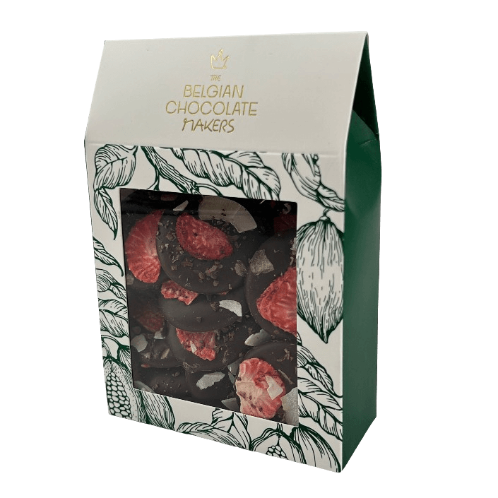 Zartbitterschokoladen-Mendiants mit Kakaonibs, Erdbeeren und Kokosnussstückchen