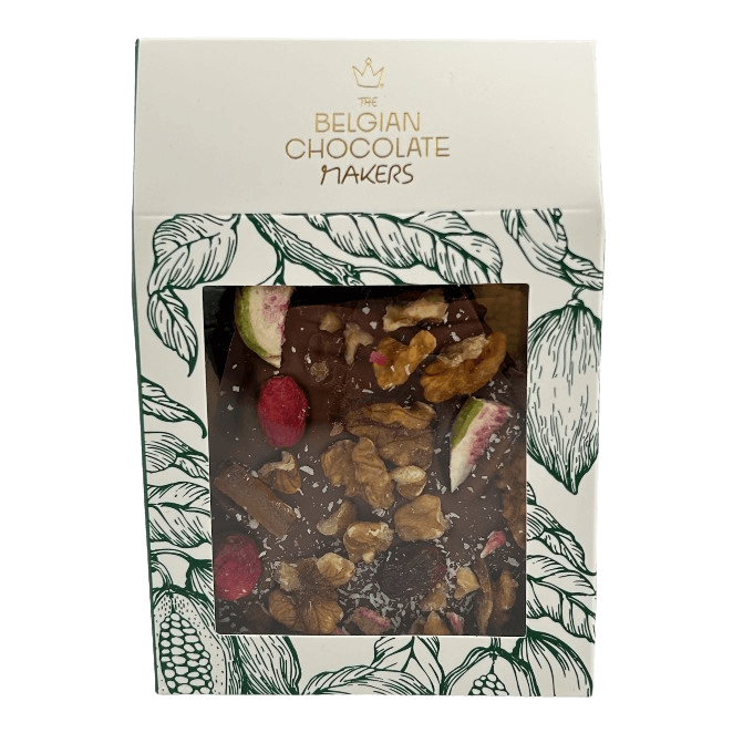 Tavolette spezzate di cioccolato al latte con fichi, limone, mirtilli rossi, noci, cocco