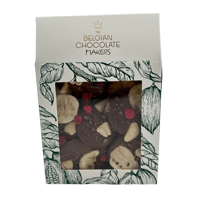 Vollmilchschokoladen-Mendiants mit Bananen-, Mandel- und Pekannussstückchen