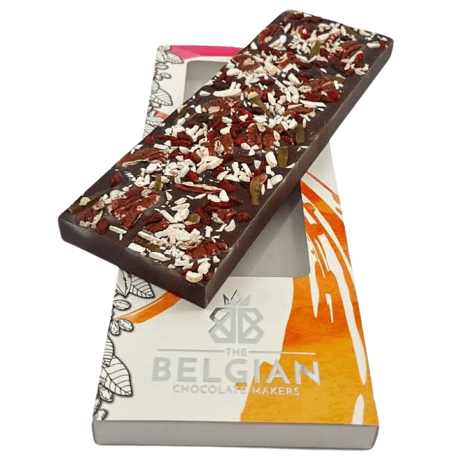 Tavoletta di cioccolato fondente Fantasy da 550 g con noci pecan, bacche di goji, limone e mandorle in pezzi