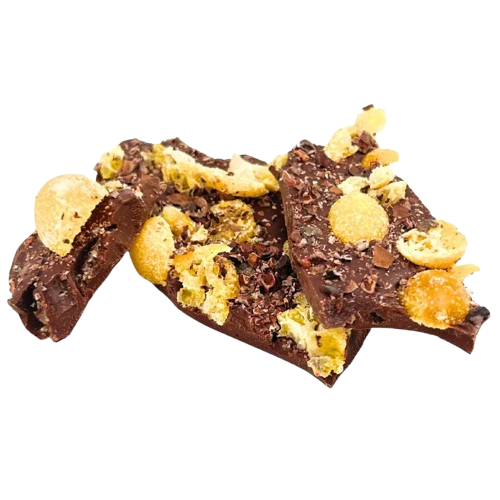Dark chocolate broken bars with kumquat and cacao nibs