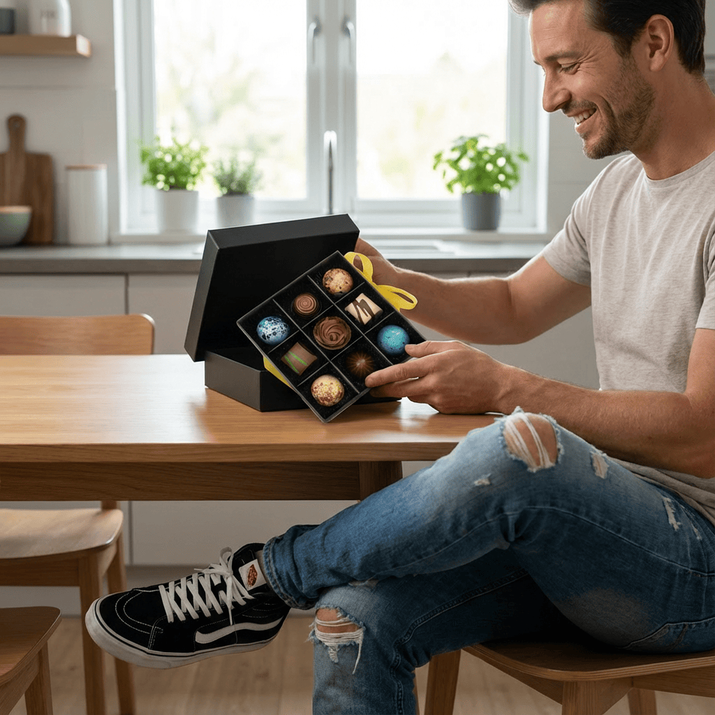 Black temptation box of 9 chocolate pralines 135g 5407008476632 The Belgian Chocolate Makers