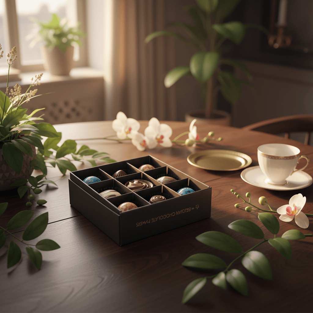 Black temptation box of 9 chocolate pralines 135g 5407008476632 The Belgian Chocolate Makers