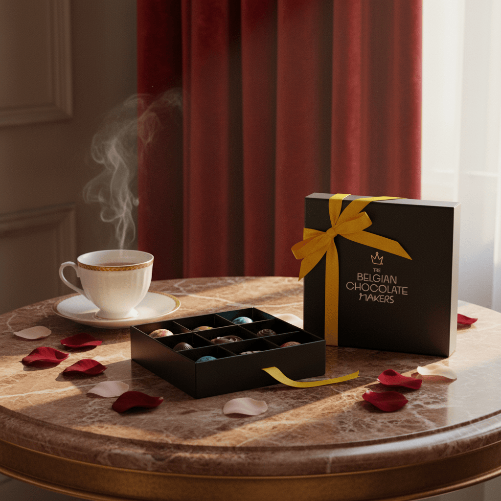 Black temptation box of 9 chocolate pralines 135g 5407008476632 The Belgian Chocolate Makers