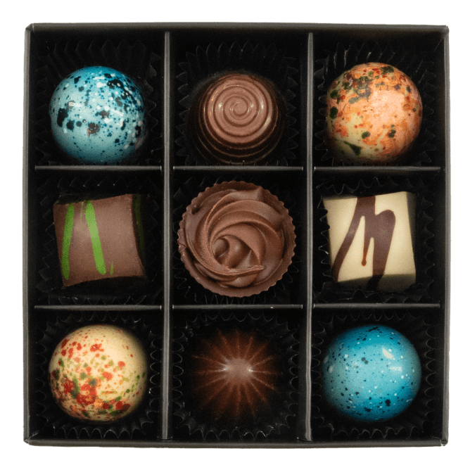 Black temptation box of 9 chocolate pralines 135g 5407008476632 The Belgian Chocolate Makers