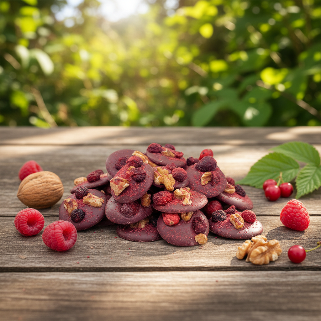 Vollmilchschokolade mit Walnüssen, Preiselbeeren, schwarzen Johannisbeeren und Himbeerstückchen