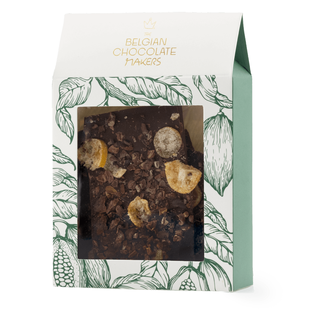 Dark chocolate broken bars with kumquat and cacao nibs 5407008479213 The Belgian Chocolate Makers