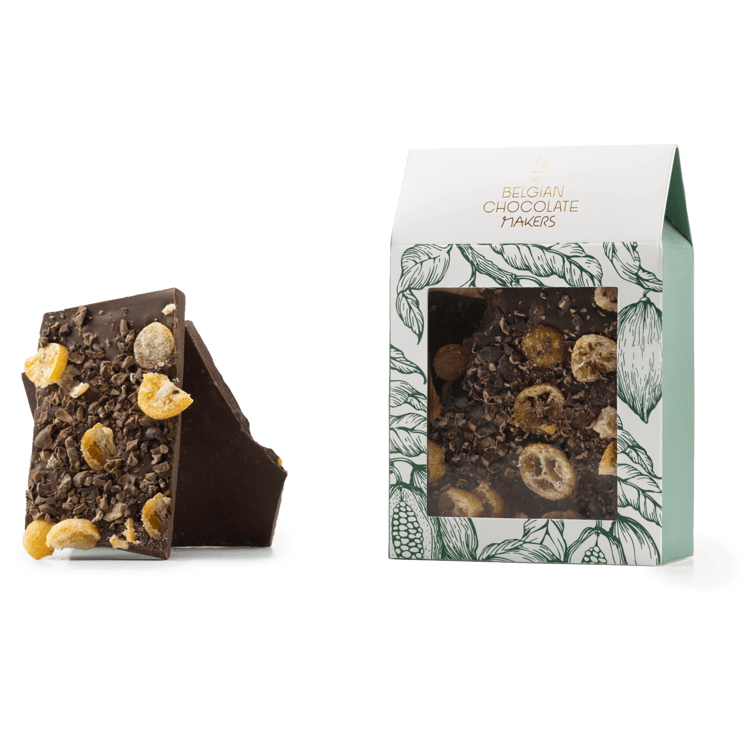 Dark chocolate broken bars with kumquat and cacao nibs 5407008479213 The Belgian Chocolate Makers