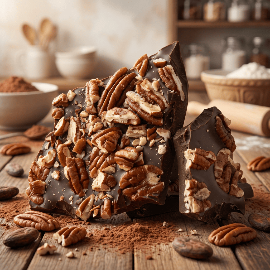 Dark chocolate broken bars with pecan 5407008479244 The Belgian Chocolate Makers