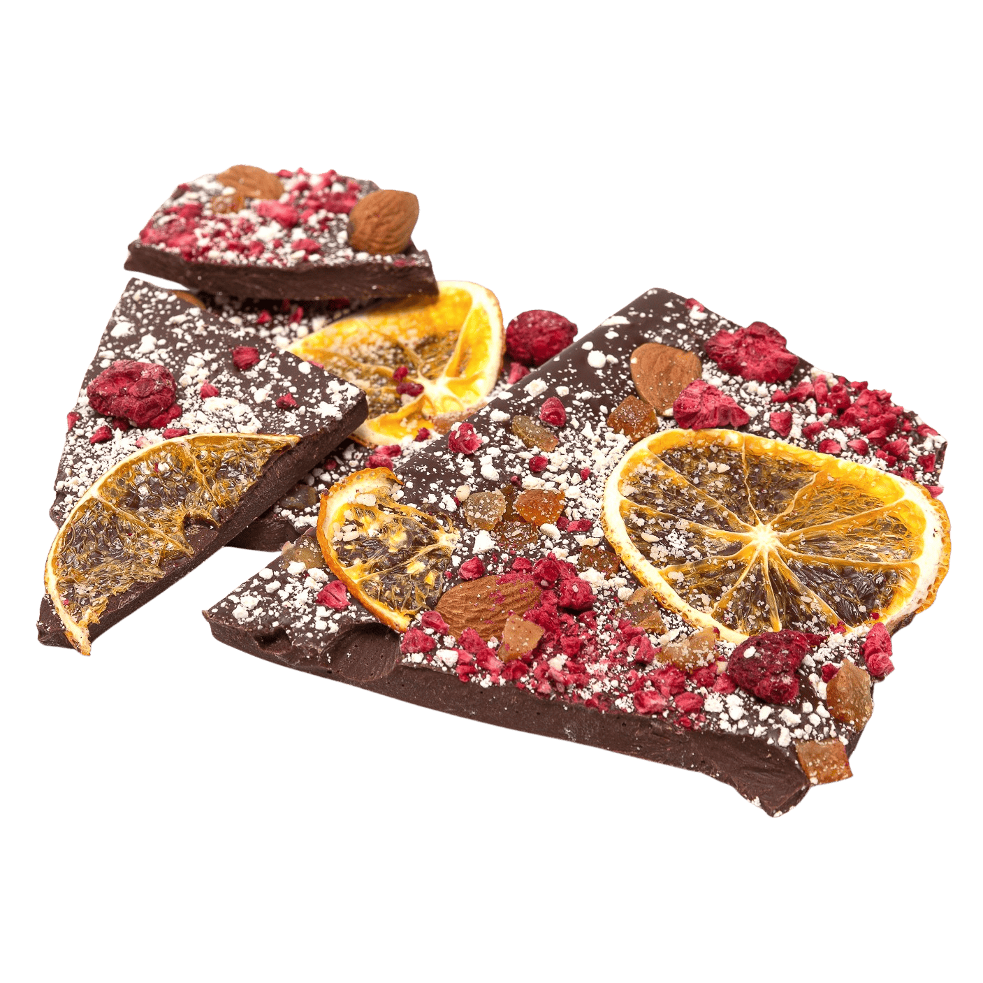 Dark chocolate broken bars with raspberry, almond and orange 5407008479138 The Belgian Chocolate Makers