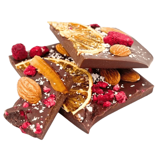 Dark chocolate broken bars with raspberry, almond and orange 5407008479138 The Belgian Chocolate Makers
