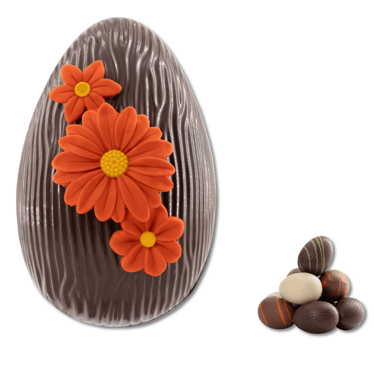 Dark chocolate daisy Easter egg 380g with mini eggs inside 5407008478162 The Belgian Chocolate Makers