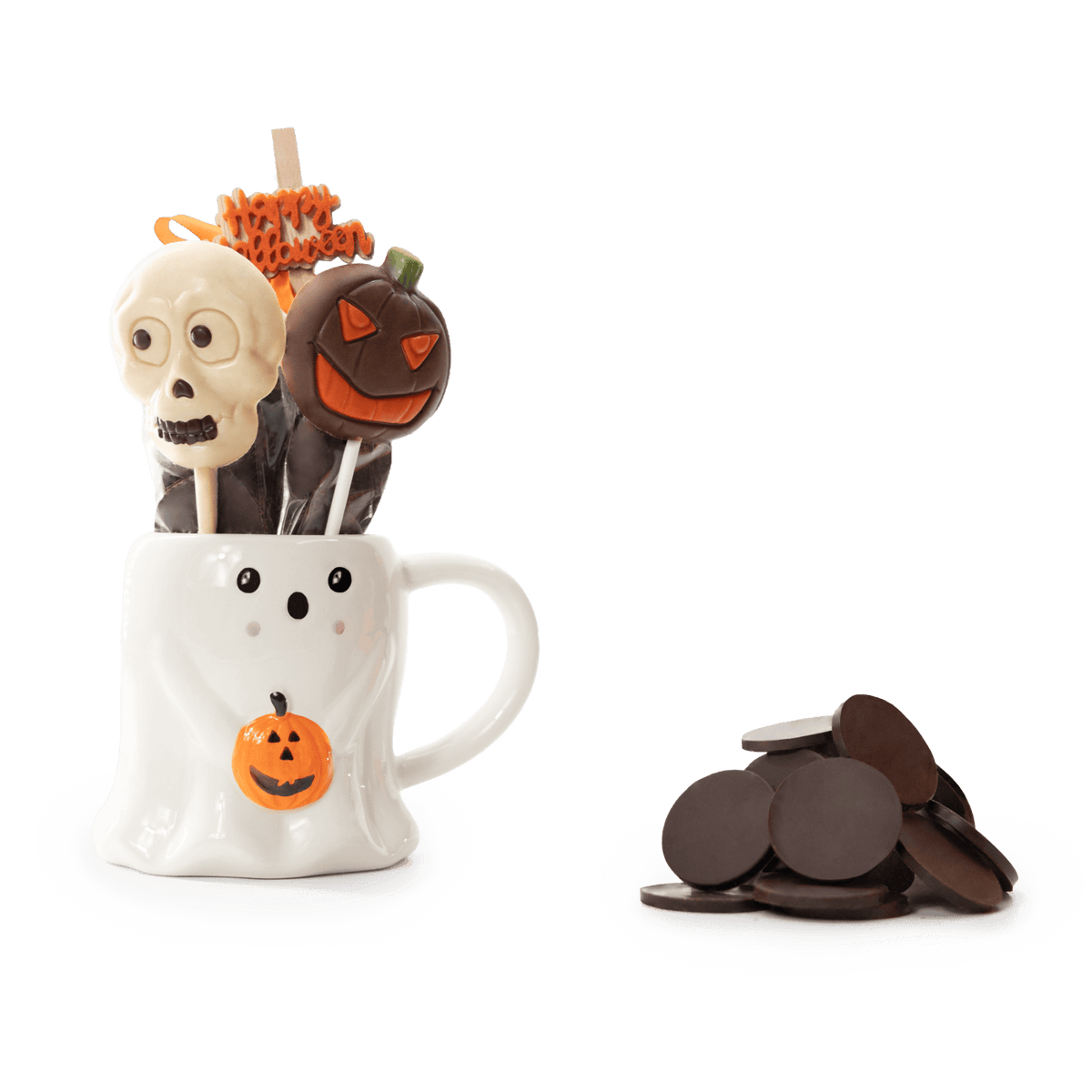 Dark chocolate drops in cup ghost with lollipops 5407008474270 The Belgian Chocolate Makers