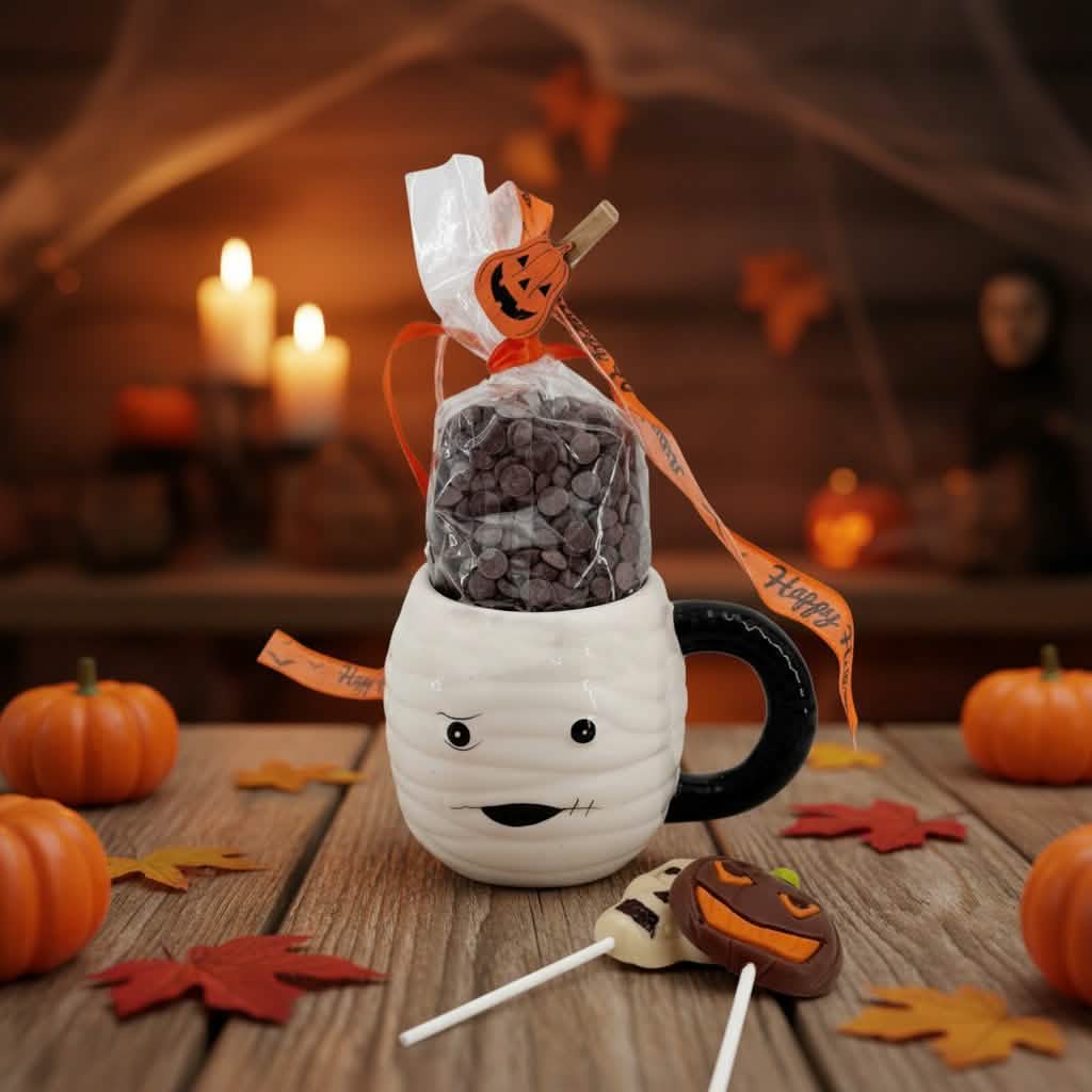 Dark chocolate drops in cup mummy with lollipops 5407008470210 The Belgian Chocolate Makers