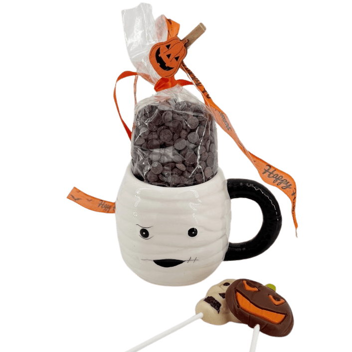 Dark chocolate drops in cup mummy with lollipops 5407008470210 The Belgian Chocolate Makers