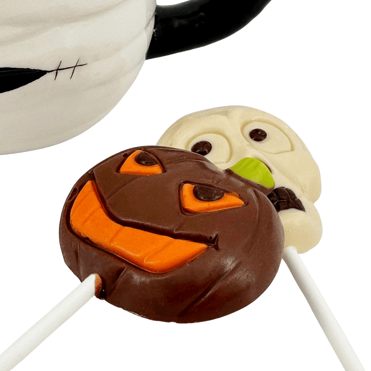 Dark chocolate drops in cup mummy with lollipops 5407008470210 The Belgian Chocolate Makers