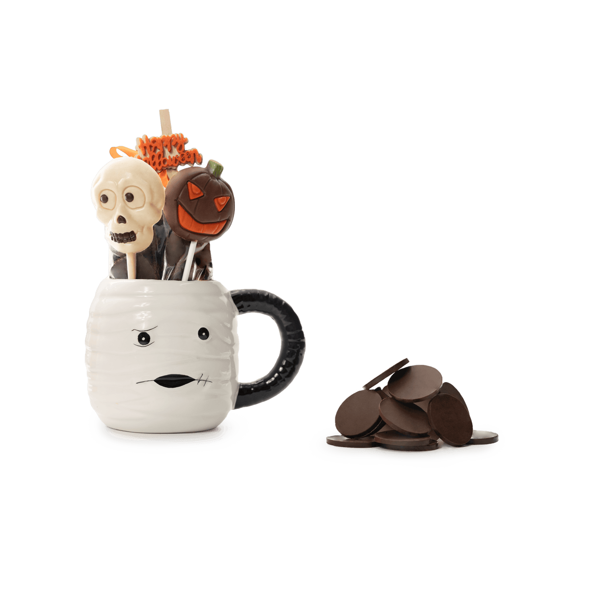 Dark chocolate drops in cup mummy with lollipops 5407008470333 The Belgian Chocolate Makers
