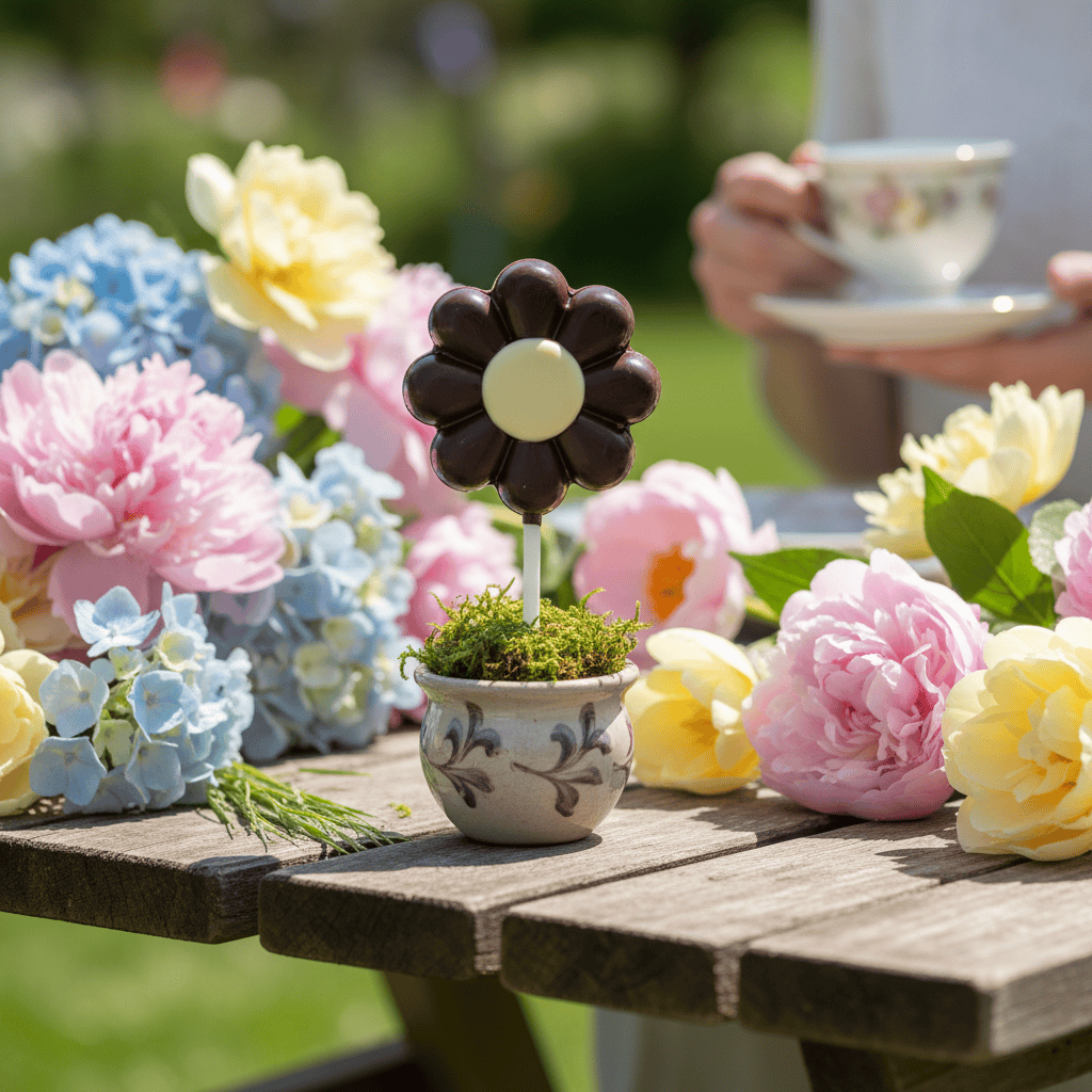 Dark chocolate flower lollipop 20g 5407008475109 The Belgian Chocolate Makers