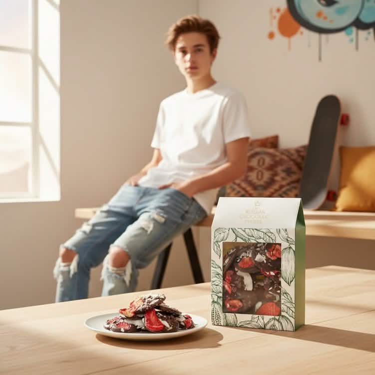 Dark chocolate mendiants with cacao nibs, strawberry and coconut chunks 5407008470296 The Belgian Chocolate Makers