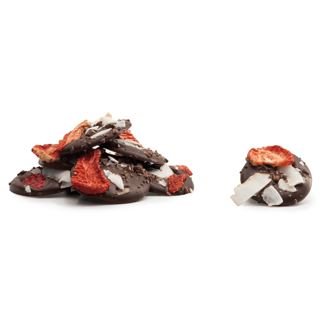 Dark chocolate mendiants with cacao nibs, strawberry and coconut chunks 5407008470296 The Belgian Chocolate Makers