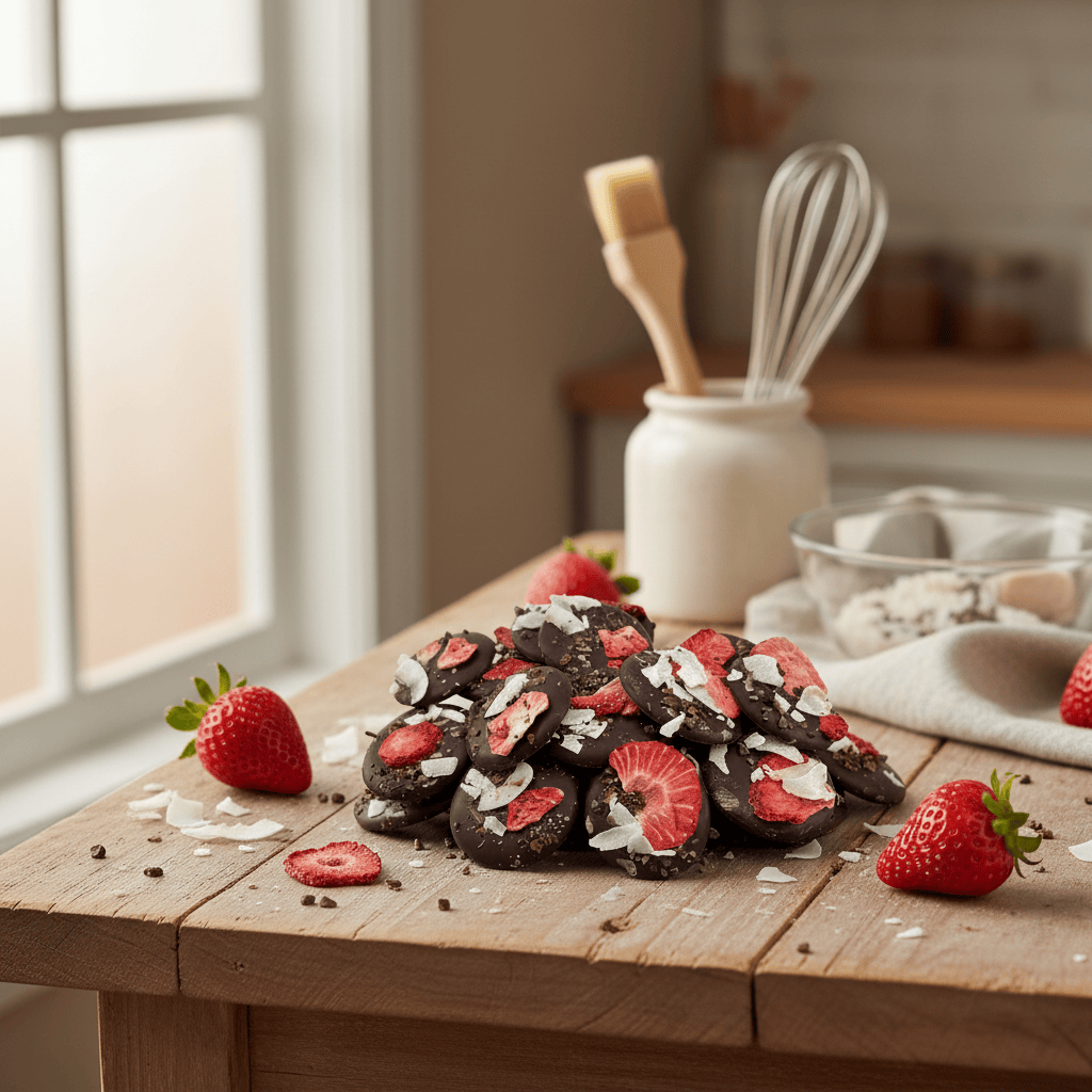 Dark chocolate mendiants with cacao nibs, strawberry and coconut chunks 5407008470296 The Belgian Chocolate Makers