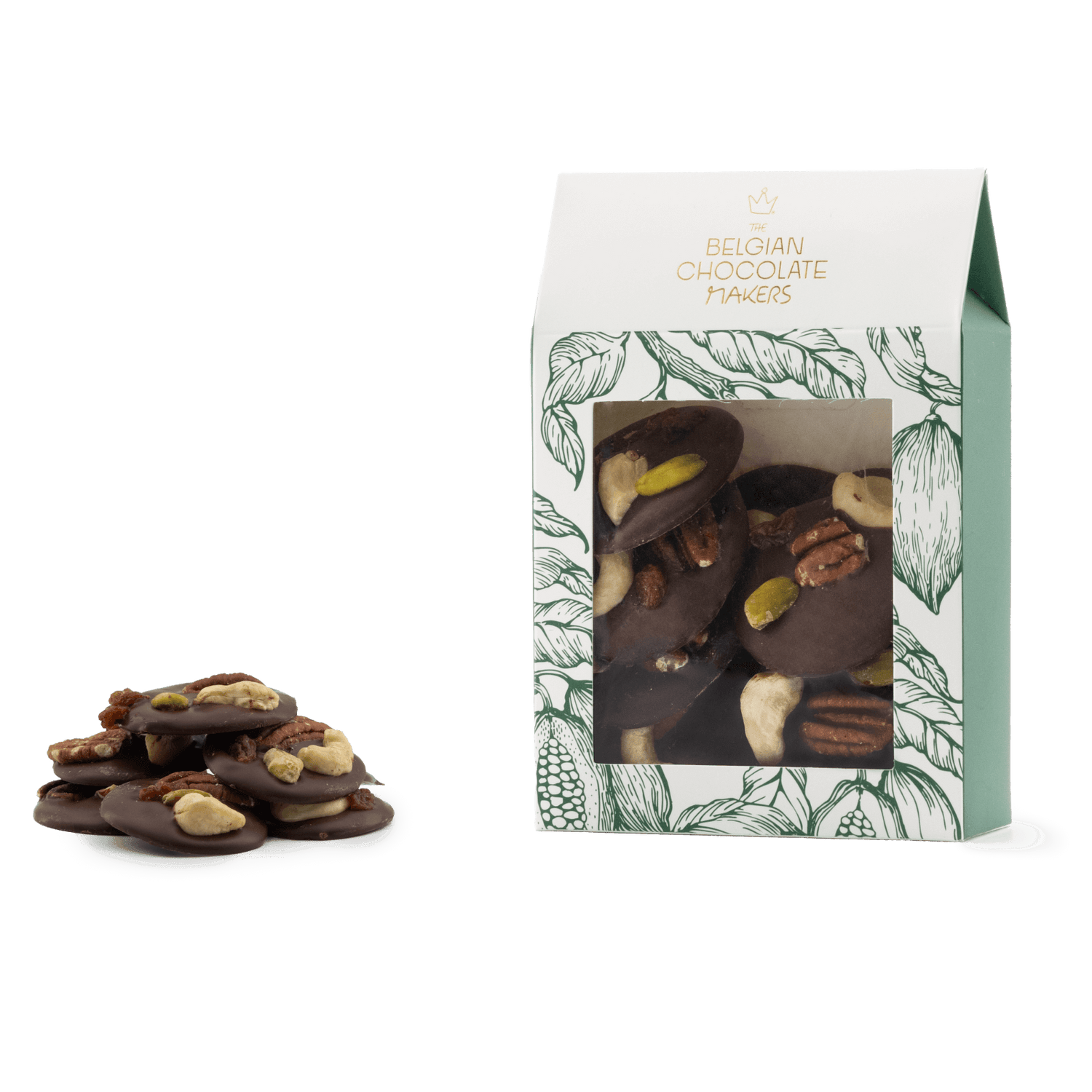 Dark chocolate mendiants with cashew, pistachio, raisin and pecan chunks 5407008470272 The Belgian Chocolate Makers