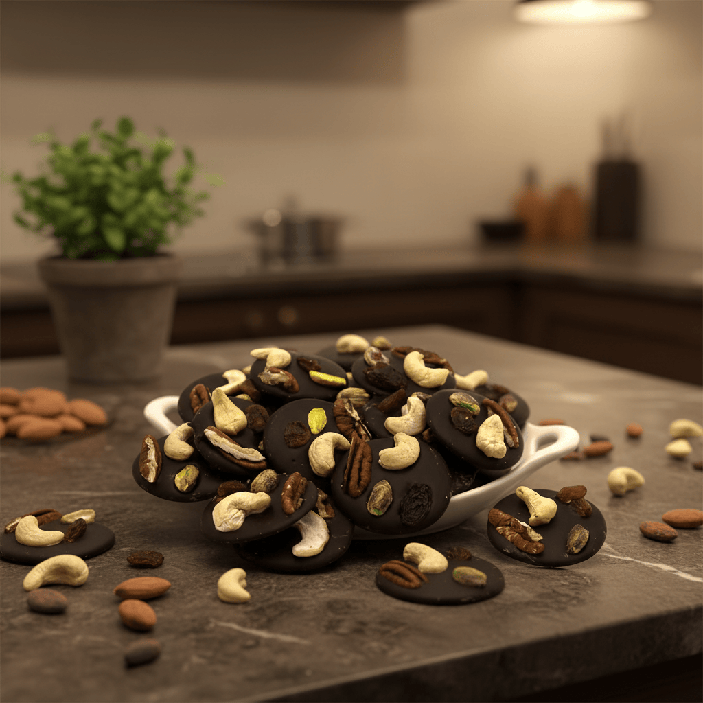 Dark chocolate mendiants with cashew, pistachio, raisin and pecan chunks 5407008470272 The Belgian Chocolate Makers