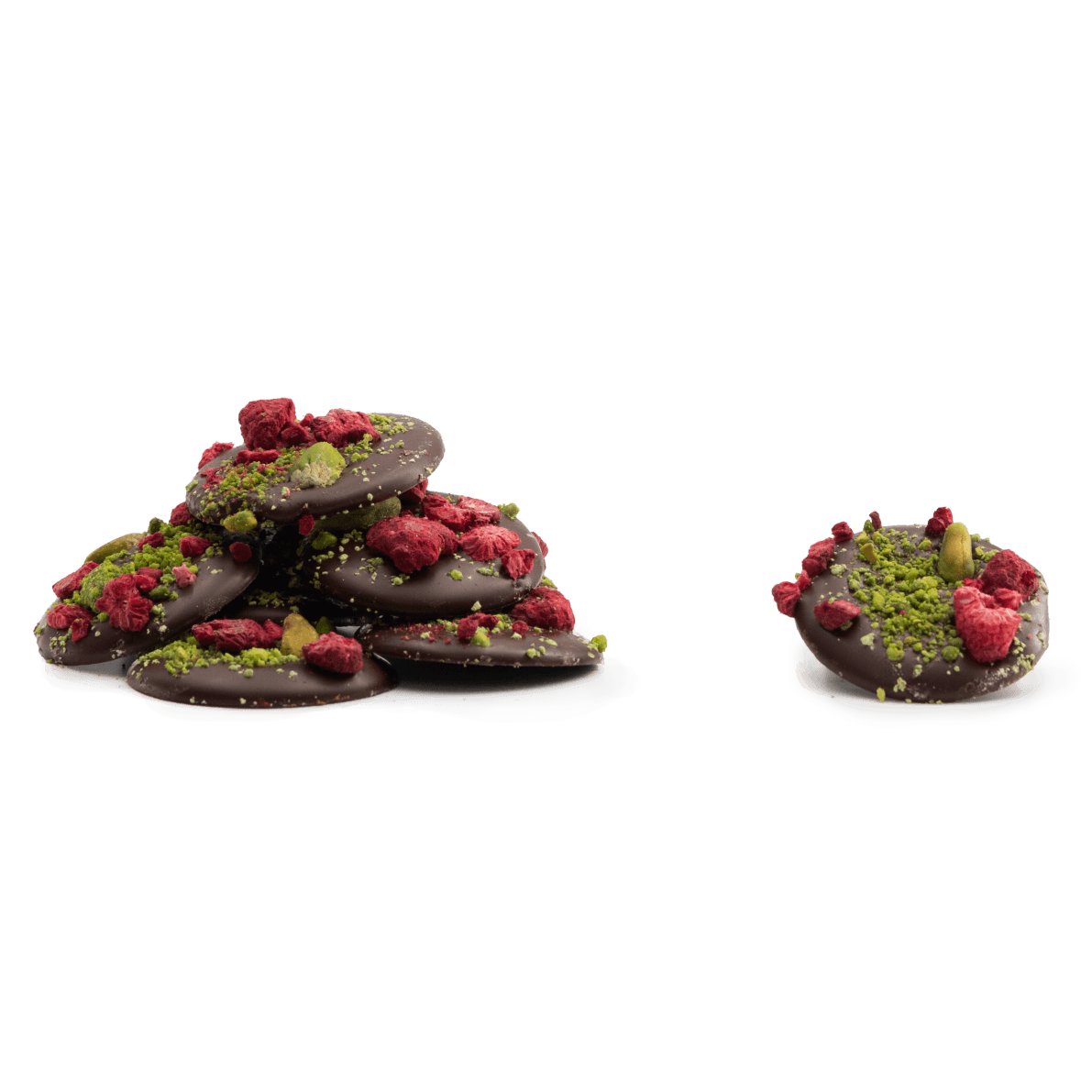 Dark chocolate mendiants with raspberry and pistachio chunks 5407008470340 The Belgian Chocolate Makers