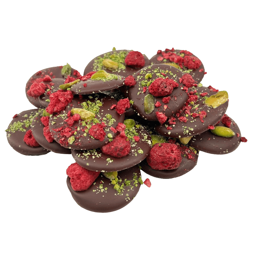 Dark chocolate mendiants with raspberry and pistachio chunks 5407008470340 The Belgian Chocolate Makers