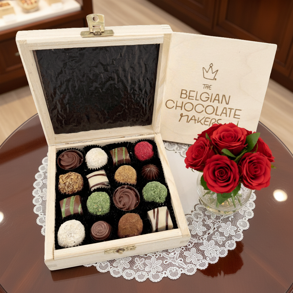 Geschenkbox aus Holz mit 16 Pralinen und Trüffeln