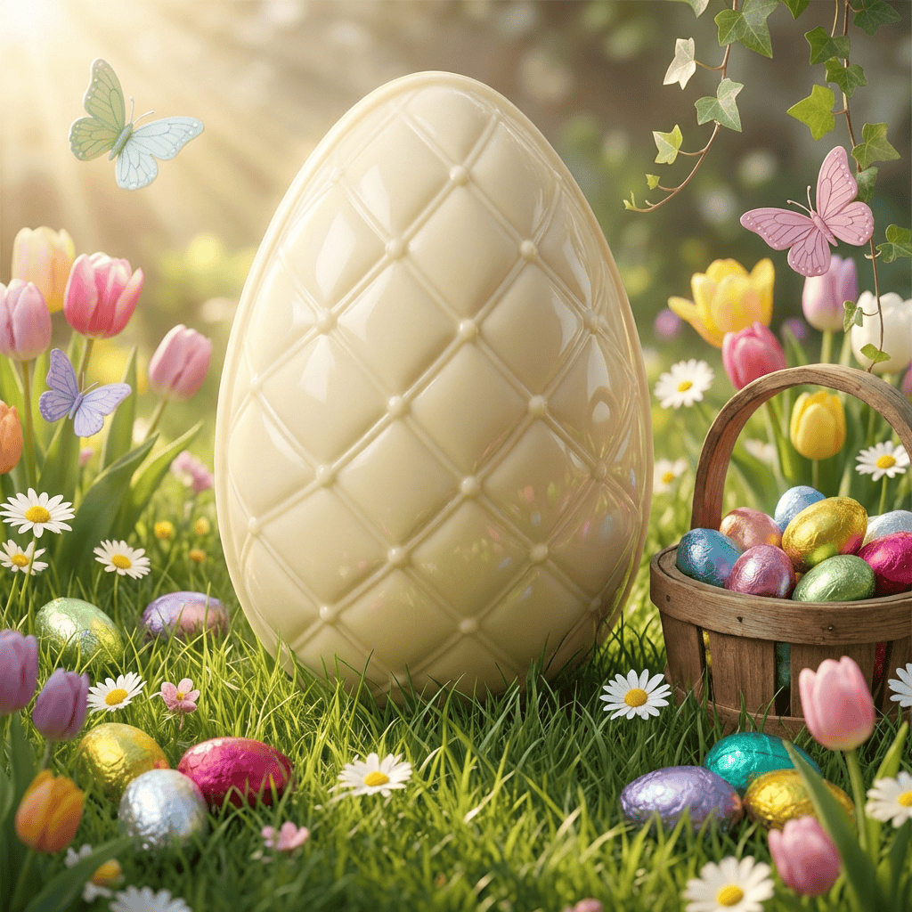 Elegant white chocolate Easter egg with mini eggs inside 320g 5407008471712 The Belgian Chocolate Makers