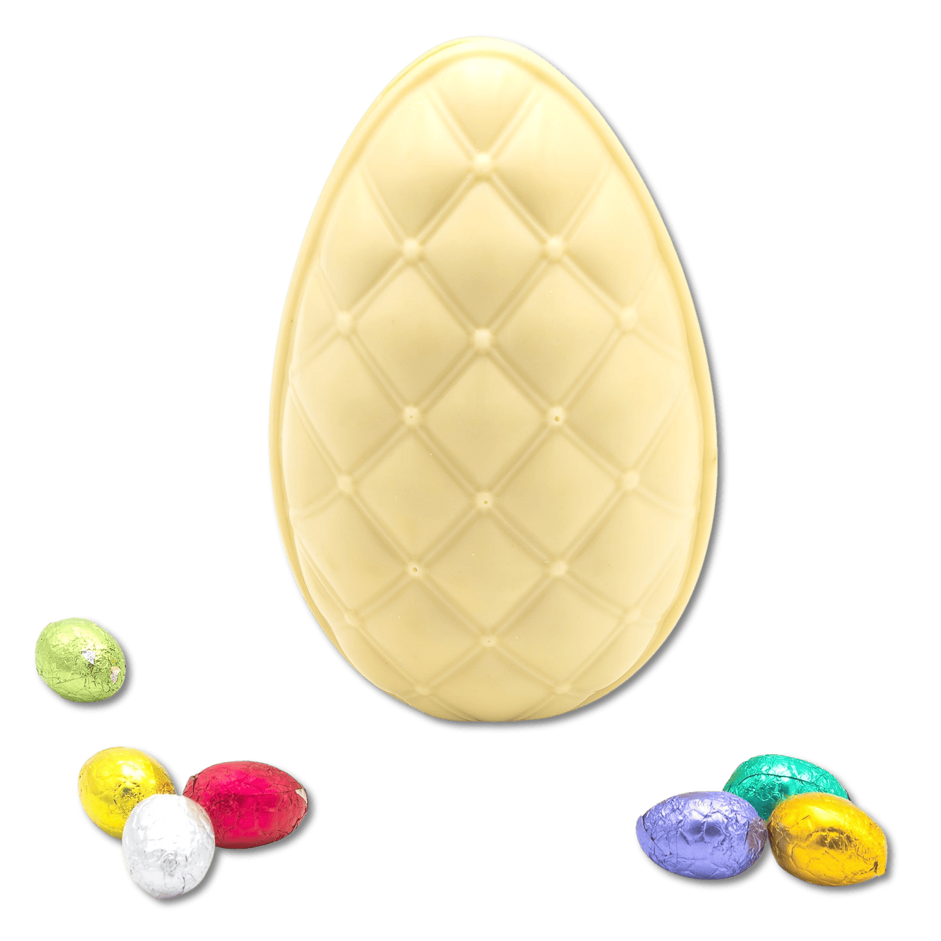 Elegant white chocolate Easter egg with mini eggs inside 320g 5407008471712 The Belgian Chocolate Makers
