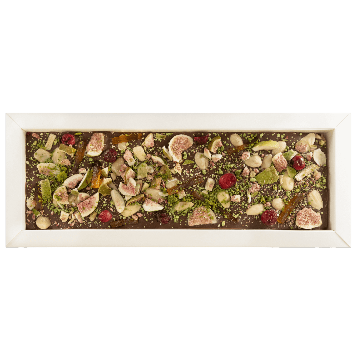 Fantasy milk chocolate bar 375 grs with fig, cranberry, almond, lemon and pistachio chunks 5407008474720 The Belgian Chocolate Makers