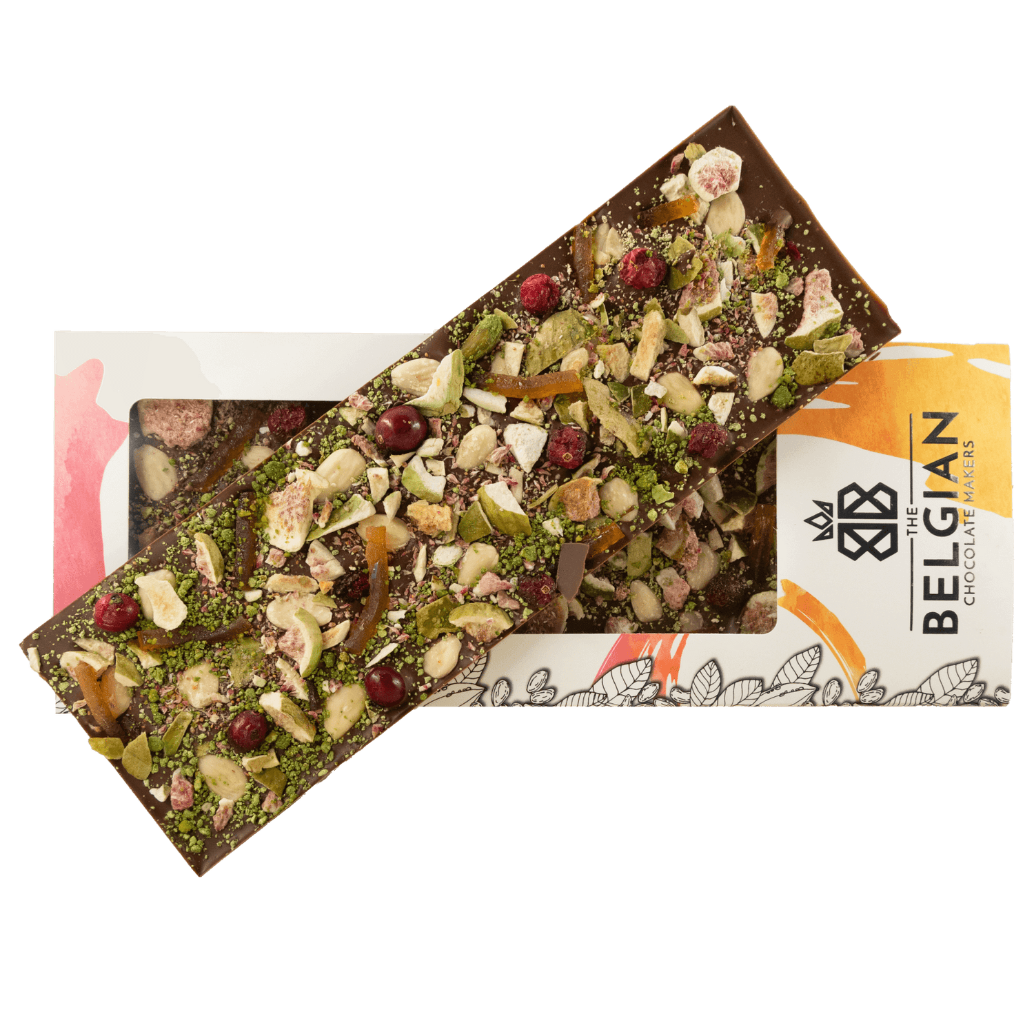 Fantasy milk chocolate bar 375 grs with fig, cranberry, almond, lemon and pistachio chunks 5407008474720 The Belgian Chocolate Makers
