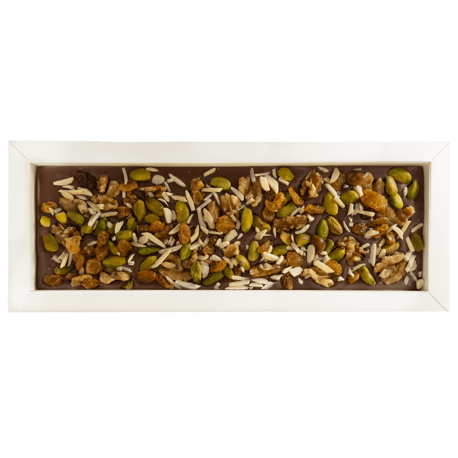 Fantasy milk chocolate bar 375 grs with walnut, pistachio, almond and raisins chunks 5407008479060 The Belgian Chocolate Makers