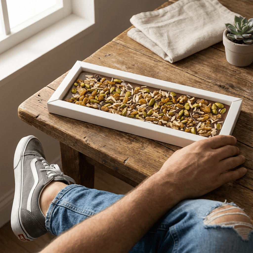 Fantasy milk chocolate bar 375 grs with walnut, pistachio, almond and raisins chunks 5407008479060 The Belgian Chocolate Makers