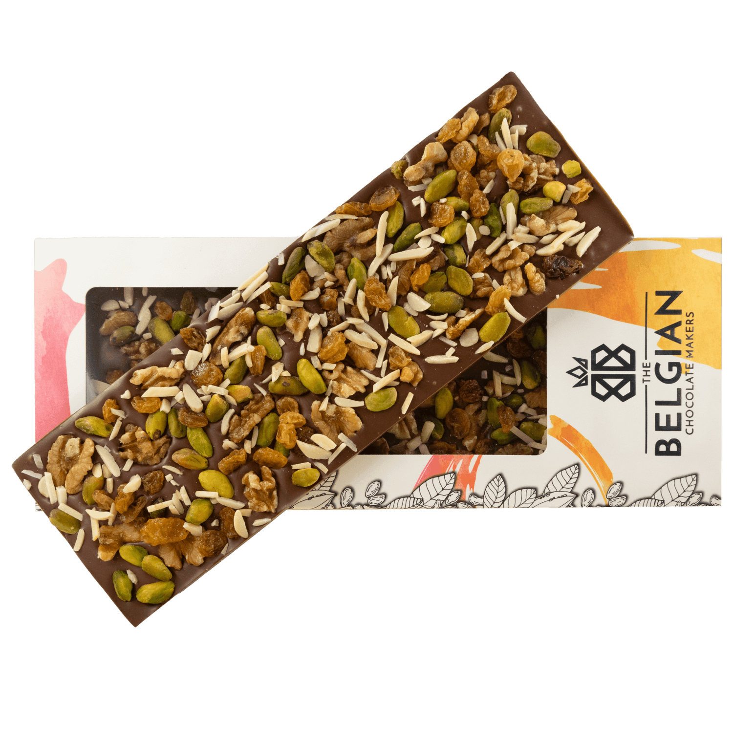 Fantasy milk chocolate bar 375 grs with walnut, pistachio, almond and raisins chunks 5407008479060 The Belgian Chocolate Makers