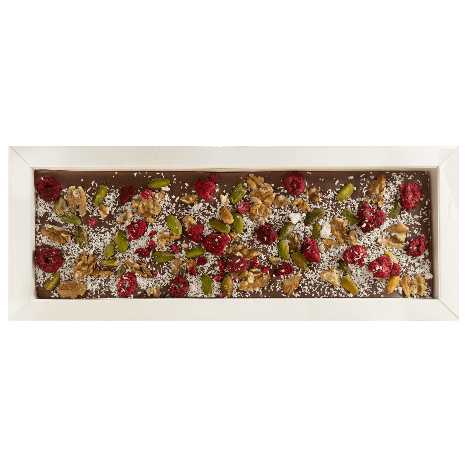 Fantasy milk chocolate bar 375 grs with walnut, pistachio, raspberry and coconut chunks 5407008479091 The Belgian Chocolate Makers