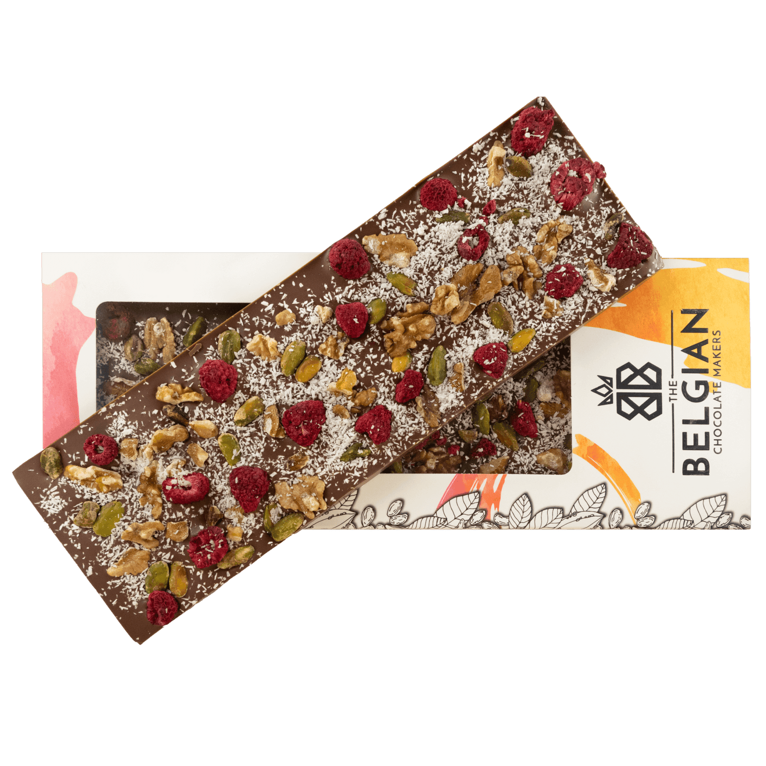 Fantasy milk chocolate bar 375 grs with walnut, pistachio, raspberry and coconut chunks 5407008479091 The Belgian Chocolate Makers