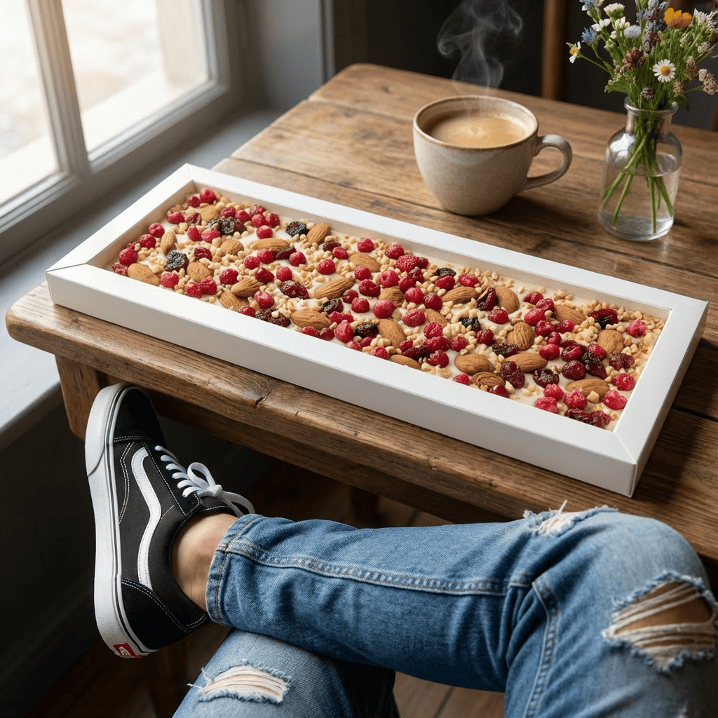 Fantasy white chocolate bar 550 grs with almond, cranberry, redcurrant and hazelnut chunks 5407008479039 The Belgian Chocolate Makers