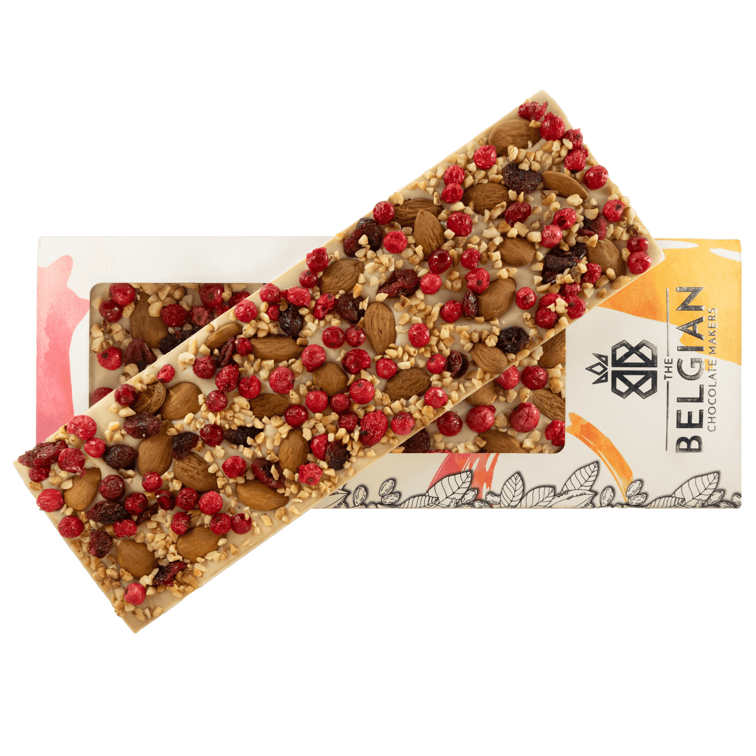 Fantasy white chocolate bar 550 grs with almond, cranberry, redcurrant and hazelnut chunks 5407008479039 The Belgian Chocolate Makers