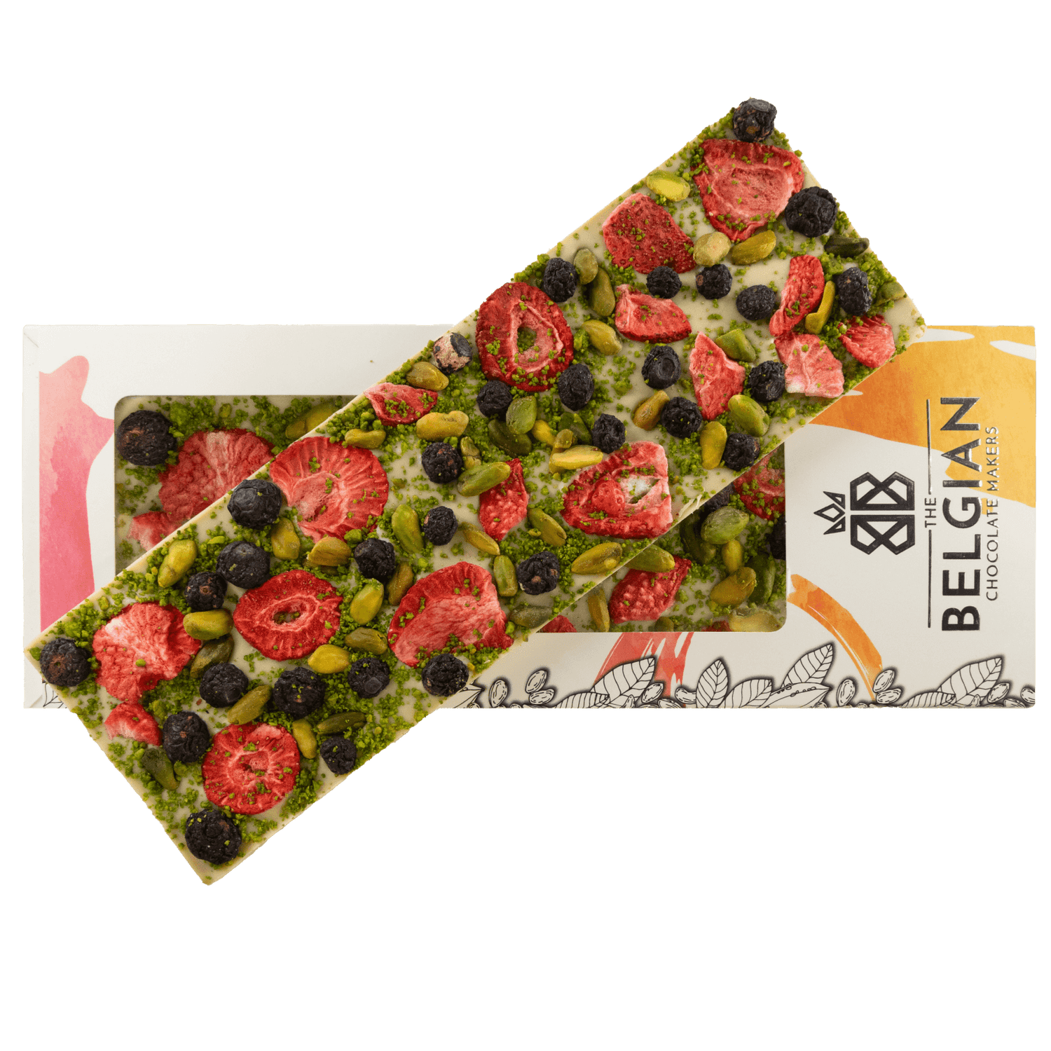 Fantasy white chocolate bar 550 grs with strawberry, pistachio and blueberry chunks 5407008479077 The Belgian Chocolate Makers